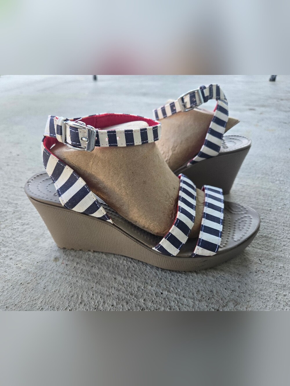 CROCS Striped Navy and White Ankle-Strap Wedge Sandals New Without Tag